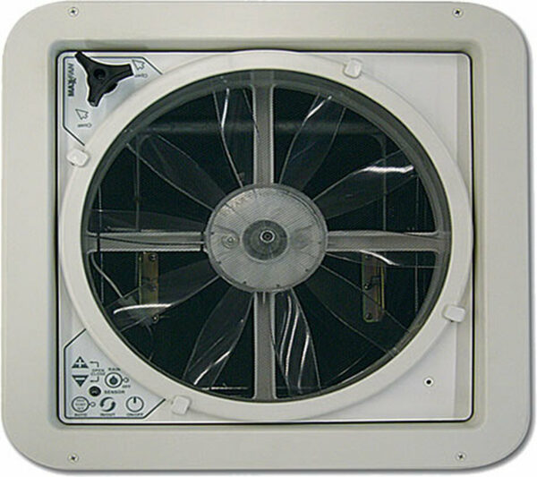 Interior view of the MaxxFan Delux showing the large fan blade and controls