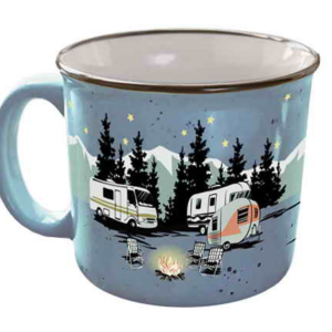 Ceramic RV mug with a nighttime camping scene