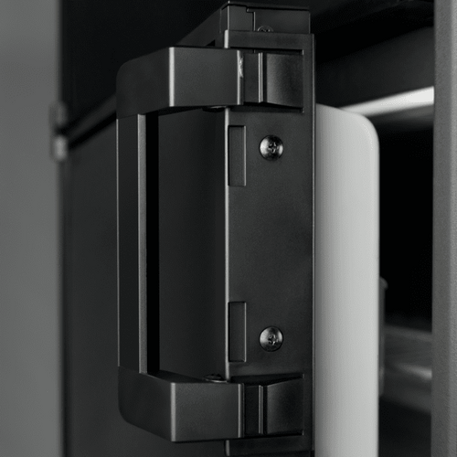 Closeup of handle and locking mechanism on DM2672 refrigerator