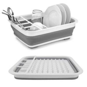 Grey folding dish drain rack shown with dishes and flattened