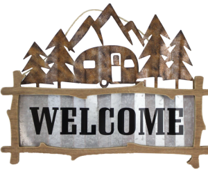 Metal sign with cutout trees and a camper with text "Welcome"