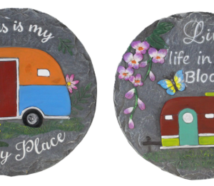 Two stepping stones with trailers painted on the surface
