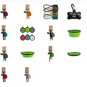 Leashes, collapsible bowls, and waste dispenser that are part of the KUMA 3-in-1