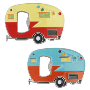 Two magnetic bottle openers shaped like travel trailers