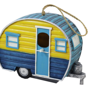 A bird house in the shape of a yellow and blue travel trailer