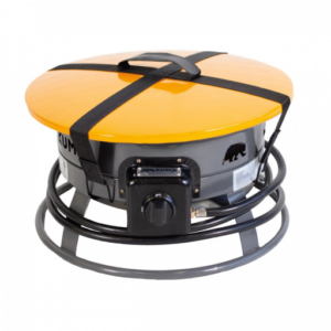 KUMA fire pit with orange lid strapped on