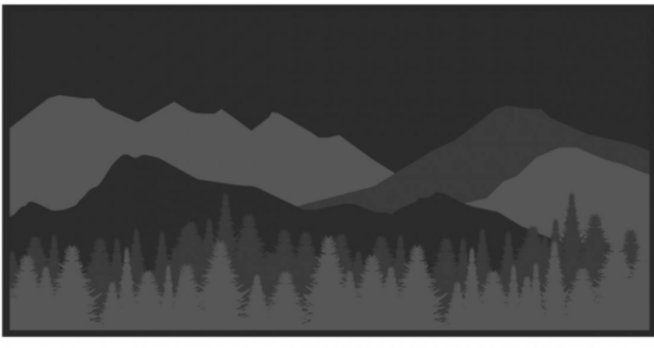Grey mat with a forest in front of mountains.