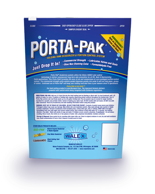 Porta-Pak Fresh Scent bag backing with instructions