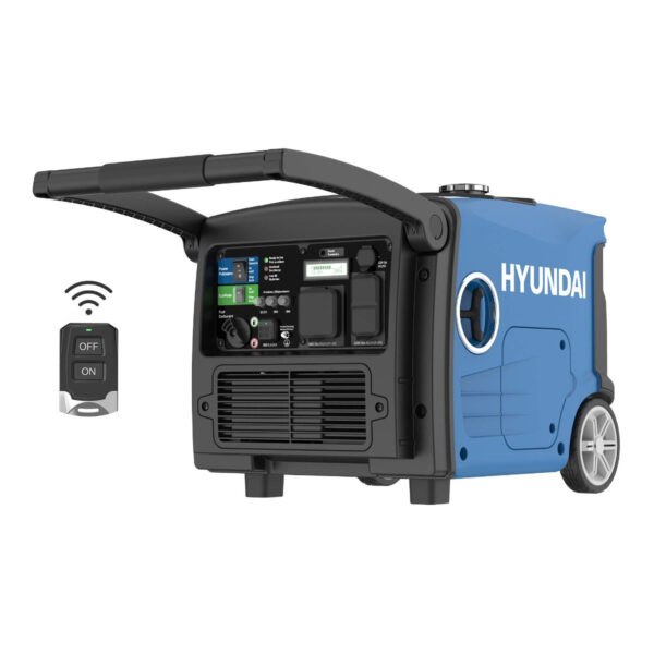 Hyundai 3800W Generator shown with handle and remote control